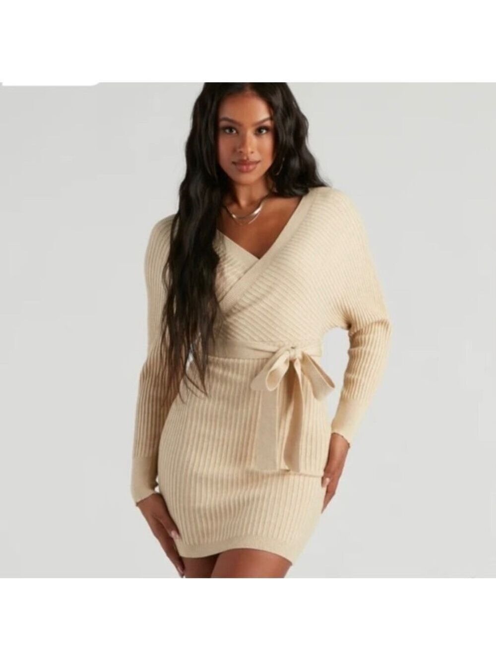 Windsor Women Ribbed Knit Tie-Front Mini Sweater Dress NEW